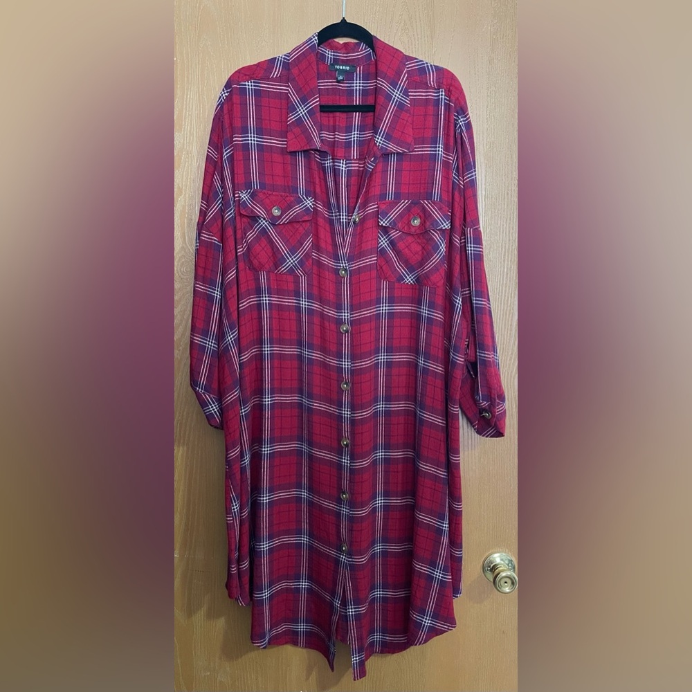 Red Plaid Button-Up Shirt Dress